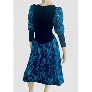 Vintage 1980s Party Dress, Size S/M, Metallic Blue Velvet, Puffed Sleeves